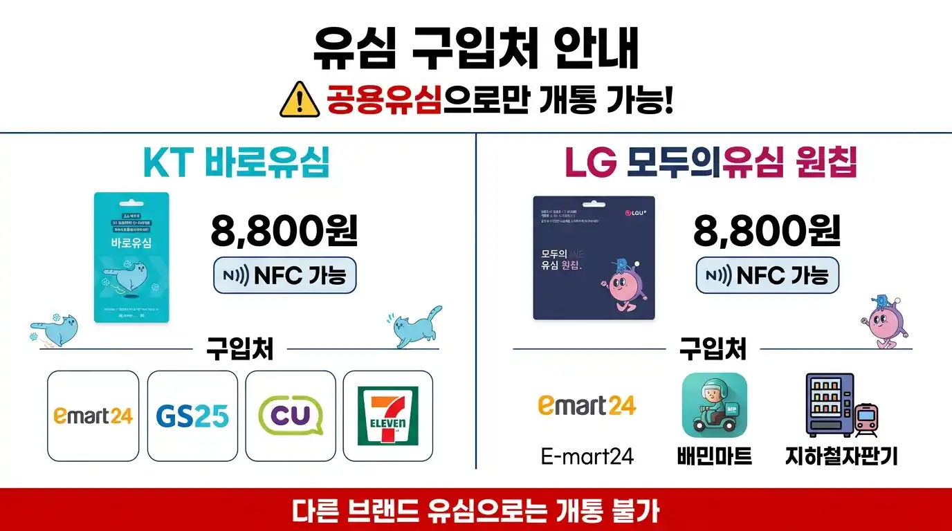 유심 구입처 안내 — KT 바로유심 8,800원 (이마트24, GS25, CU, 세븐일레븐) / LG 모두의유심 원칩 8,800원 (이마트24, 배민마트, 지하철자판기)